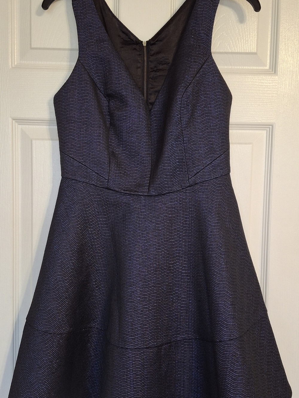 Express Shimmer Navy Textured V-Neck Fit-and-Flare Mini Dress
